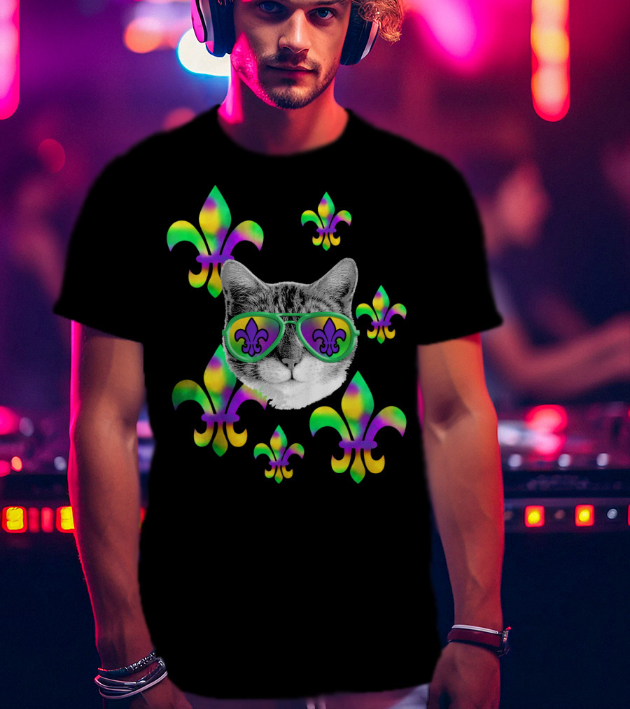 Mardi Gras Cat Wearing Tie Dye Fleur De Lis Sunglasses T-Shirt