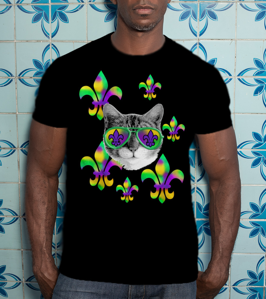 Mardi Gras Cat Wearing Tie Dye Fleur De Lis Sunglasses T-Shirt