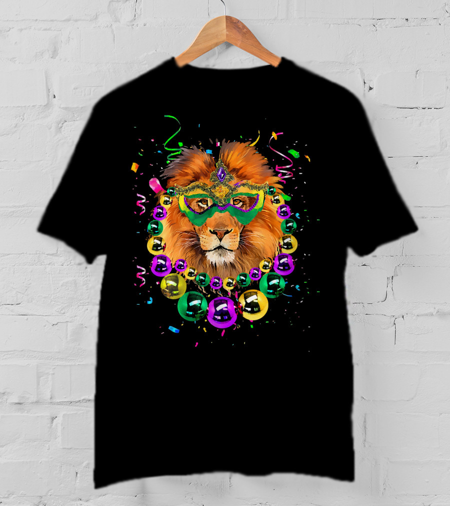 Mask And Beads Lion Mardi Gras Celebration With Colorful Confetti And Streamers T-Shirt