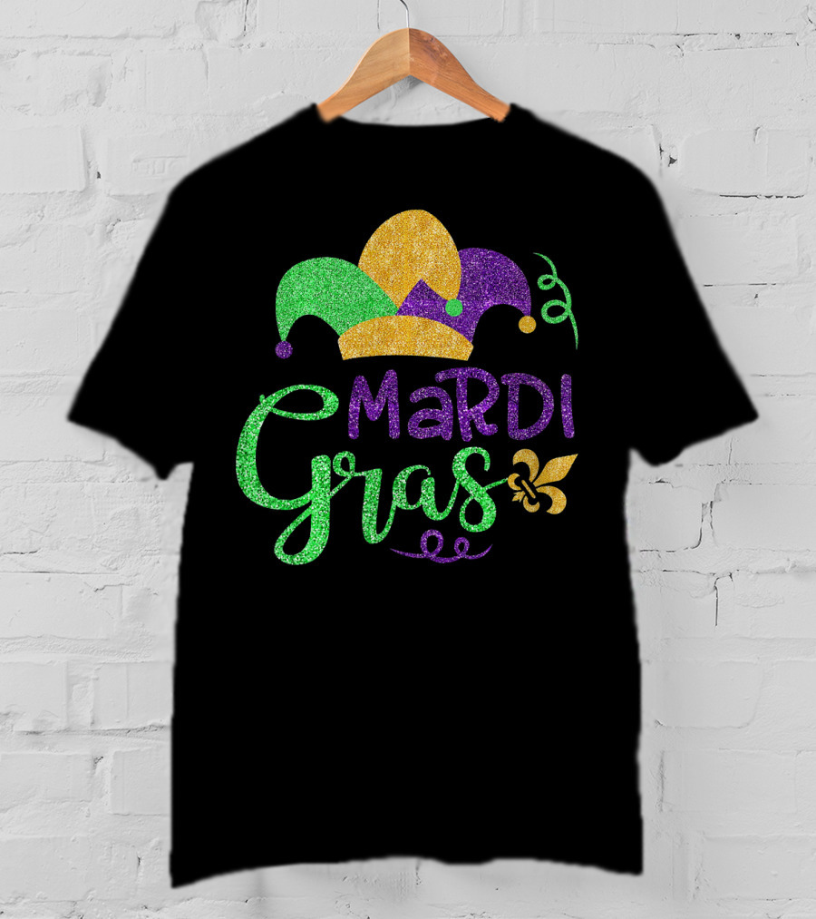 Mardi Gras Jester Hat Glitter Design Fleur-de-Lis T-Shirt