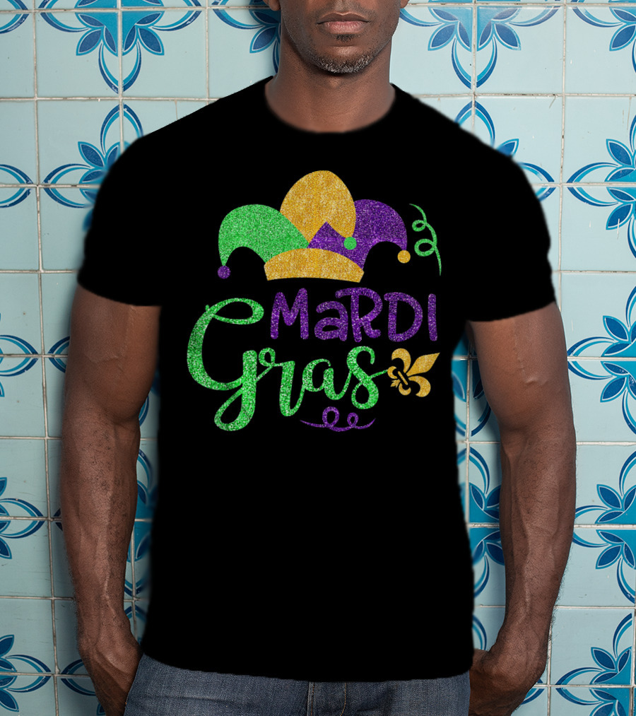 Mardi Gras Jester Hat Glitter Design Fleur-de-Lis T-Shirt