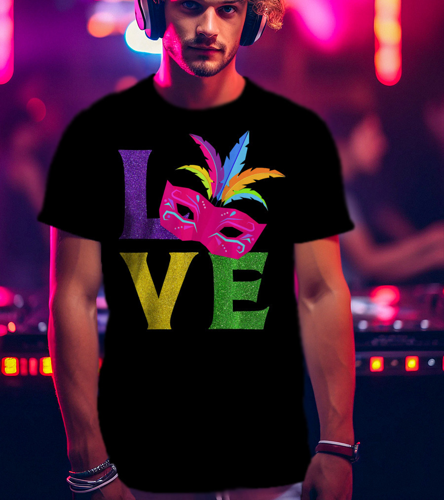 Love Colorful Carnival Feathered Mask Party T-Shirt