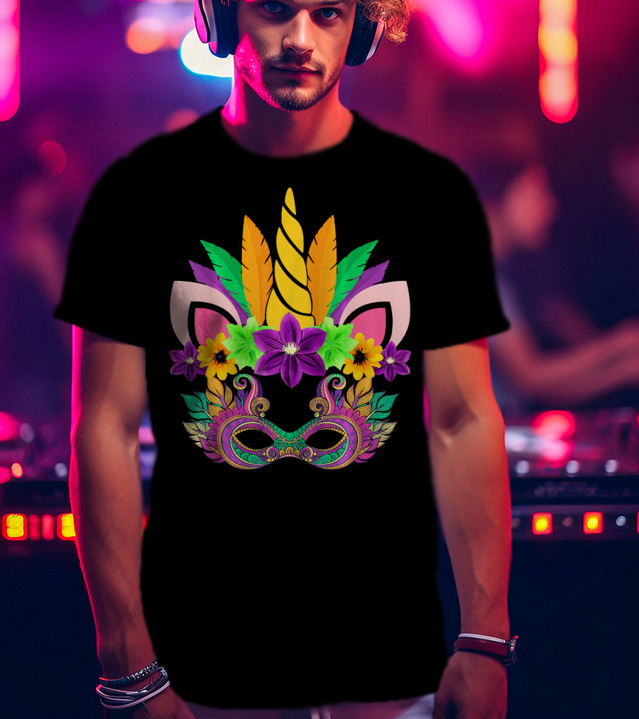Mardi Gras Unicorn Mask With Flowers And Feathers T-Shirt