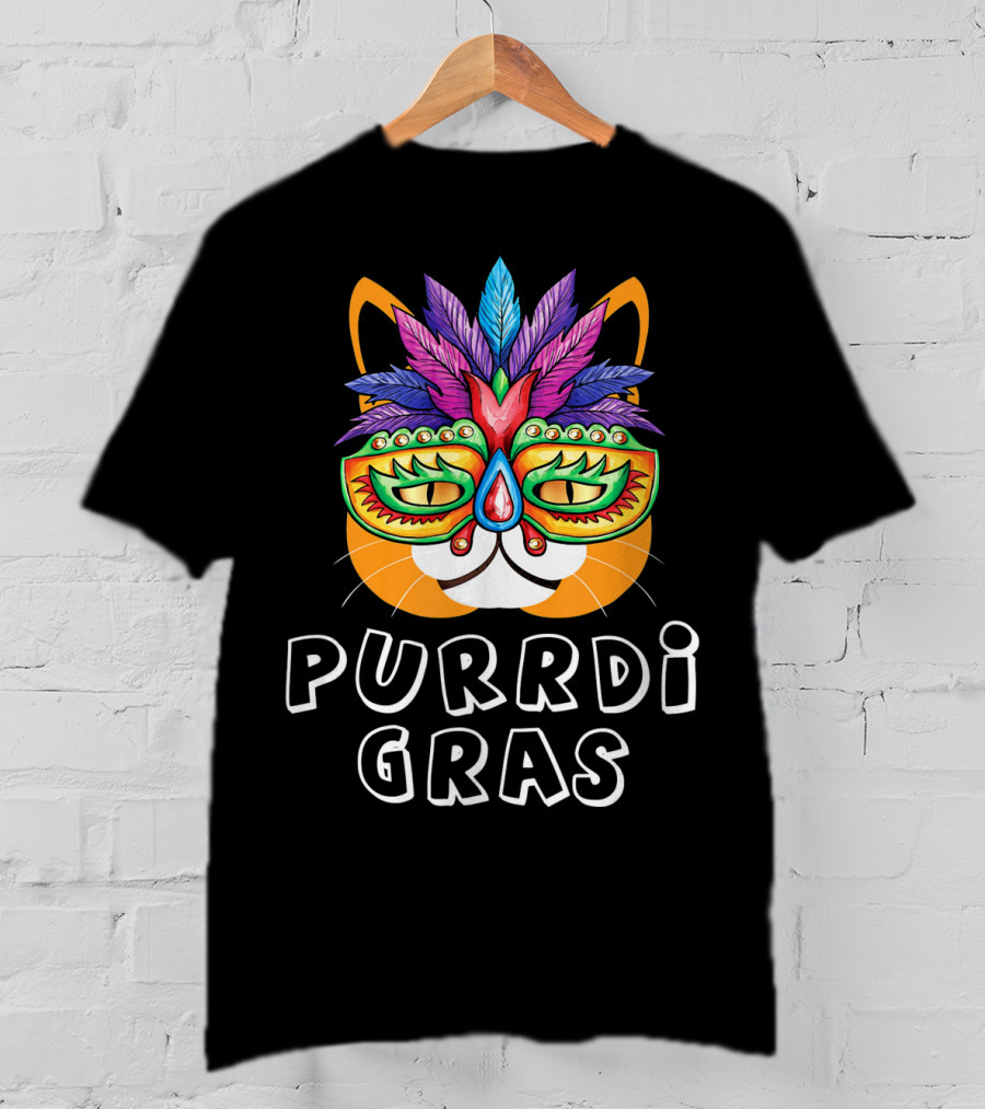 Purrdi Gras Funny Cat Mardi Gras Mask Feathers T-Shirt