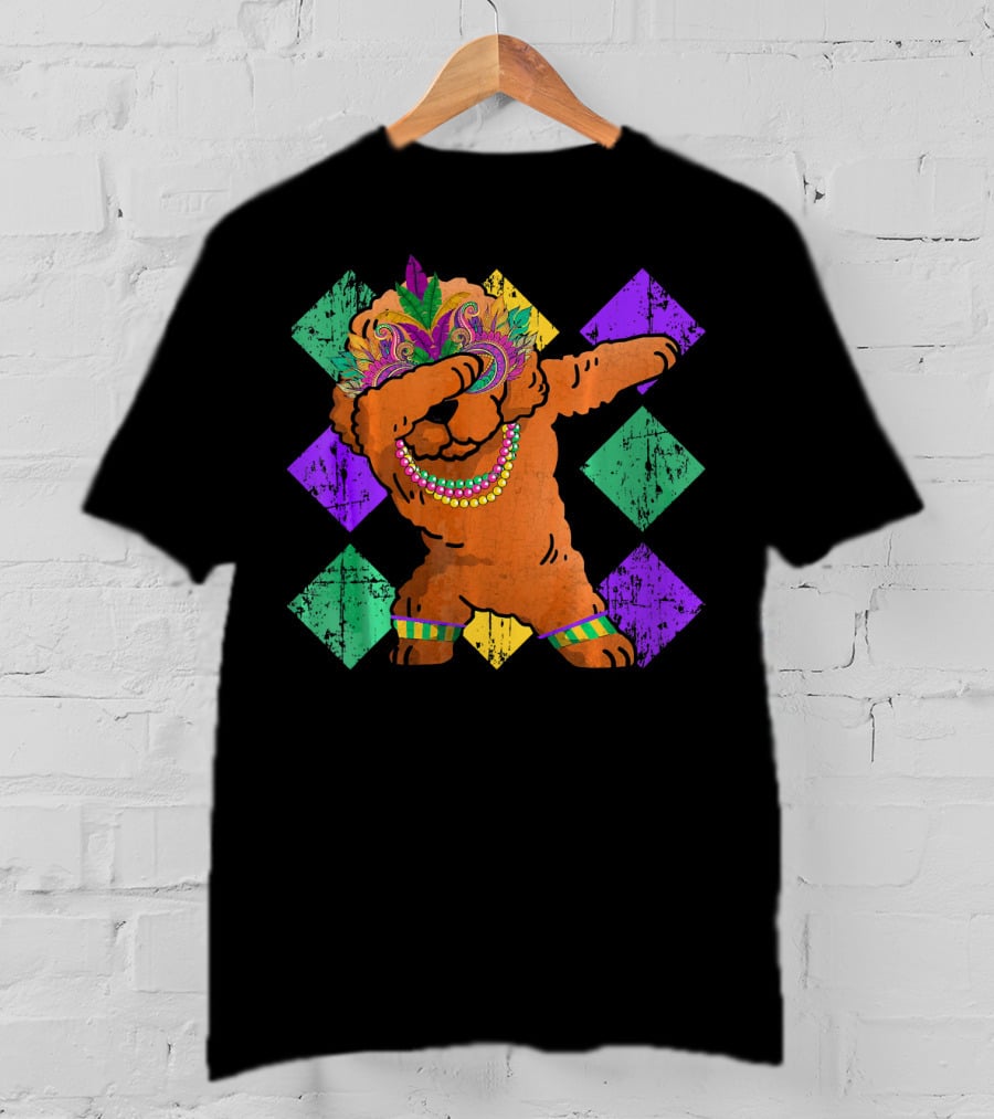 Poodle Dabbing With Colorful Mardi Gras Beads And Feather Mask T-Shirt