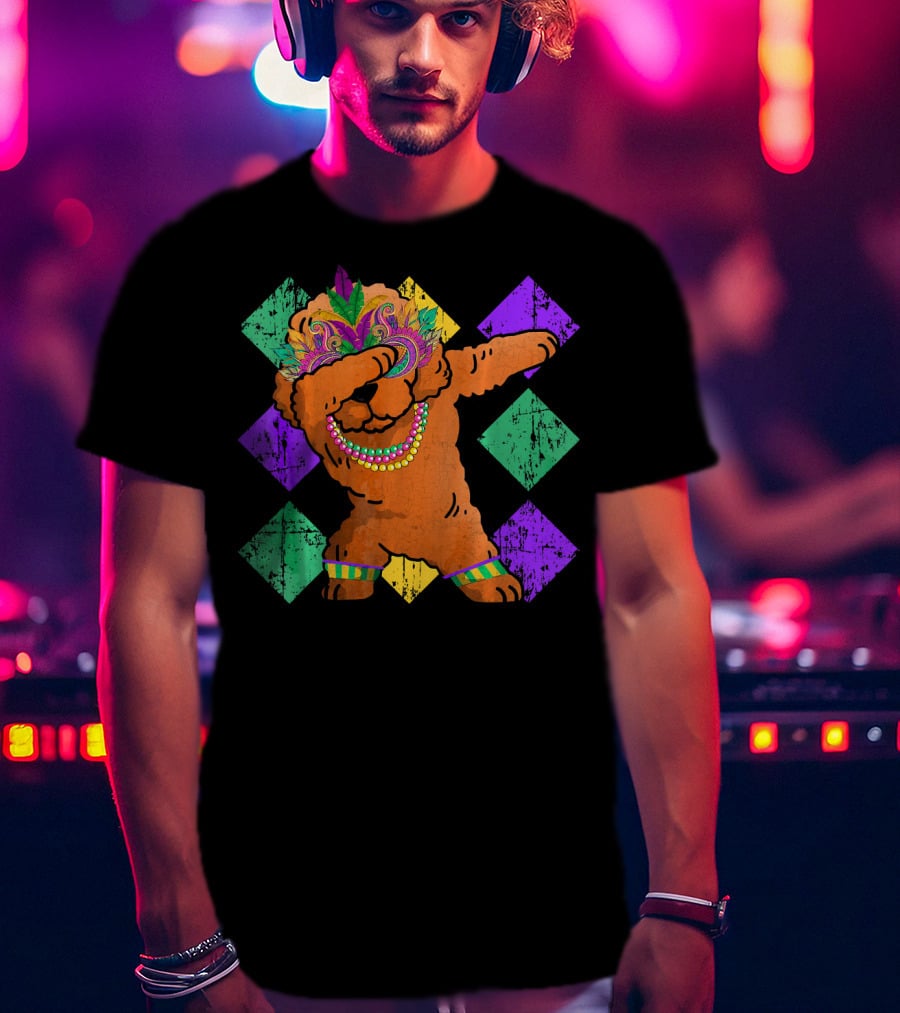 Poodle Dabbing With Colorful Mardi Gras Beads And Feather Mask T-Shirt