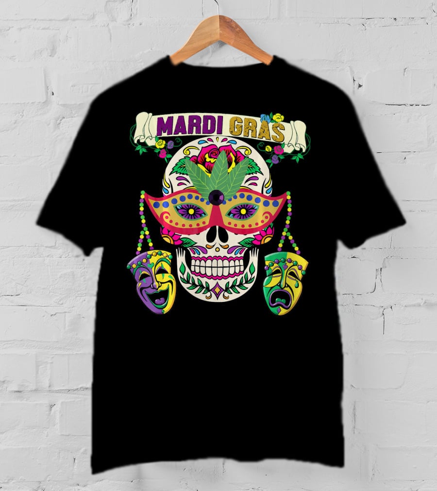 MARDI GRAS Skull Mask Comedy Tragedy New Orlea T-Shirt