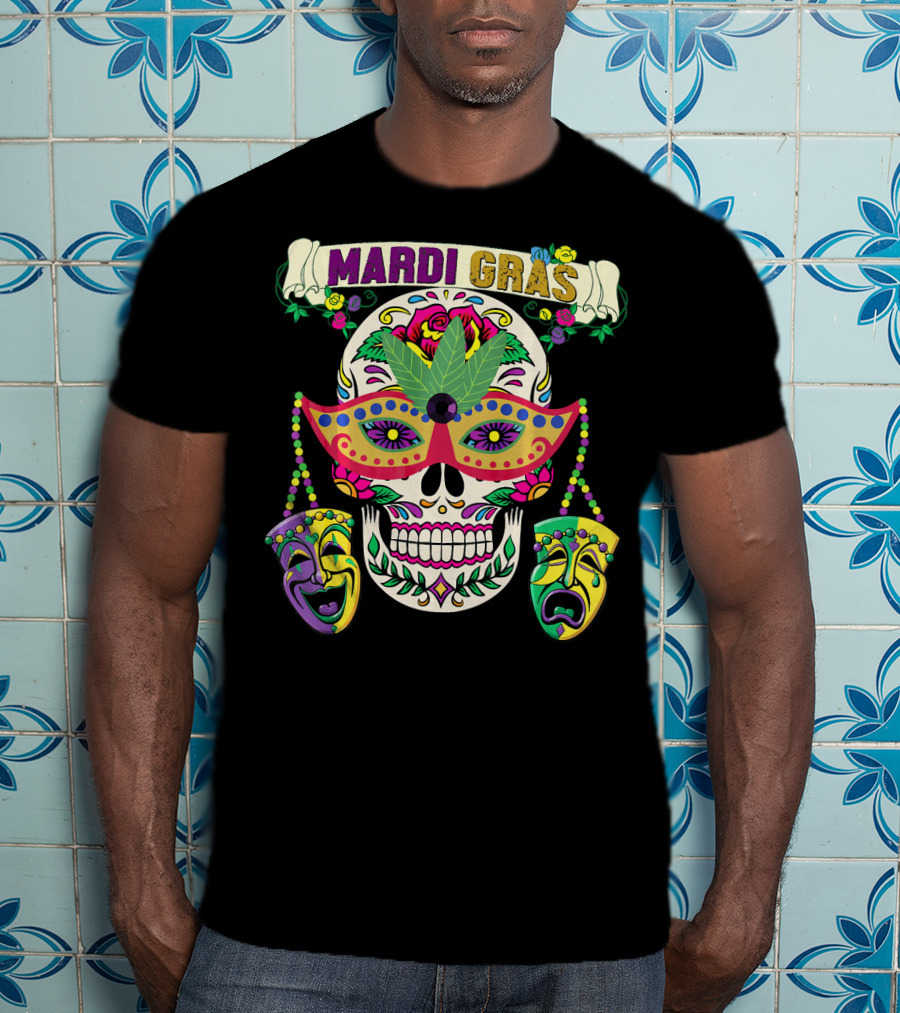 MARDI GRAS Skull Mask Comedy Tragedy New Orlea T-Shirt