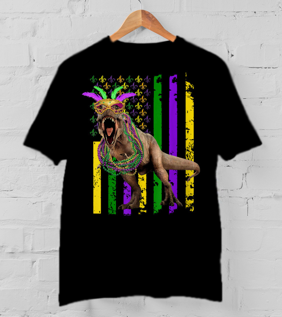 Dinosaur Mardi Gras American Flag Fleur De Lis Feathers Beads T-Shirt