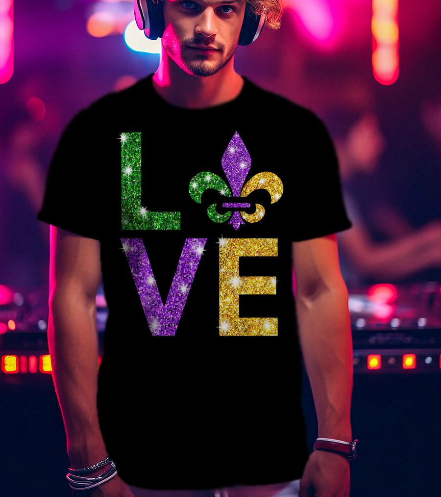 LOVE Mardi Gras Fleur-de-Lis Sparkling Colors T-Shirt