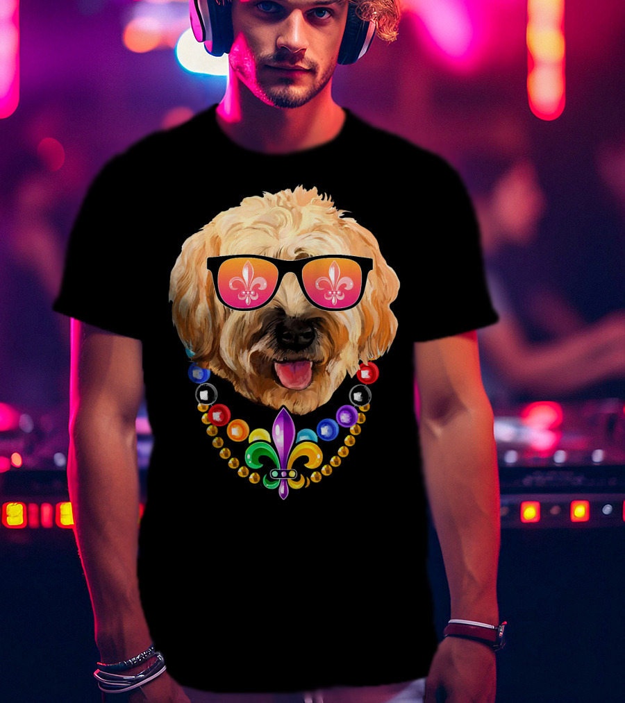 Goldendoodle Mardi Gras Beads Sunglasses Fleur-de-Lis T-Shirt