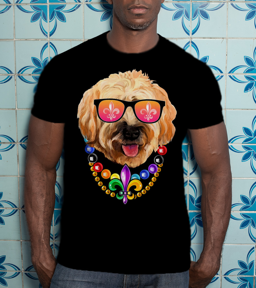 Goldendoodle Mardi Gras Beads Sunglasses Fleur-de-Lis T-Shirt