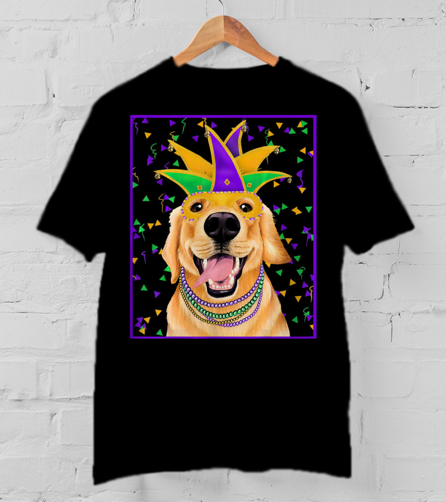 Mardi Gras Golden Retriever Wearing Colorful Jester Mask And Beads T-Shirt