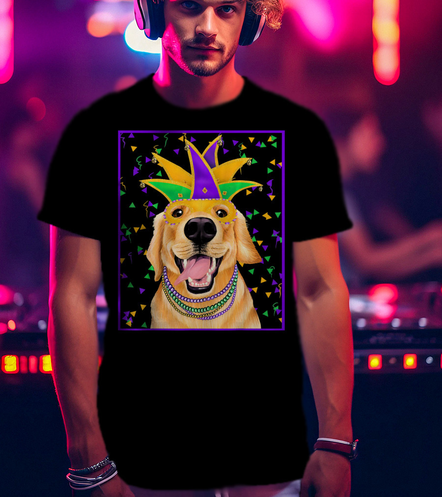 Mardi Gras Golden Retriever Wearing Colorful Jester Mask And Beads T-Shirt