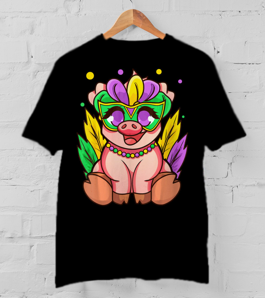 Cute Mardi Gras Pig With Colorful Mardi Gras Mask And Beads T-Shirt