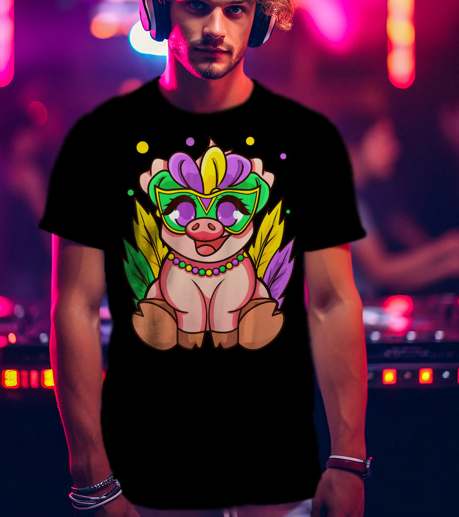 Cute Mardi Gras Pig With Colorful Mardi Gras Mask And Beads T-Shirt