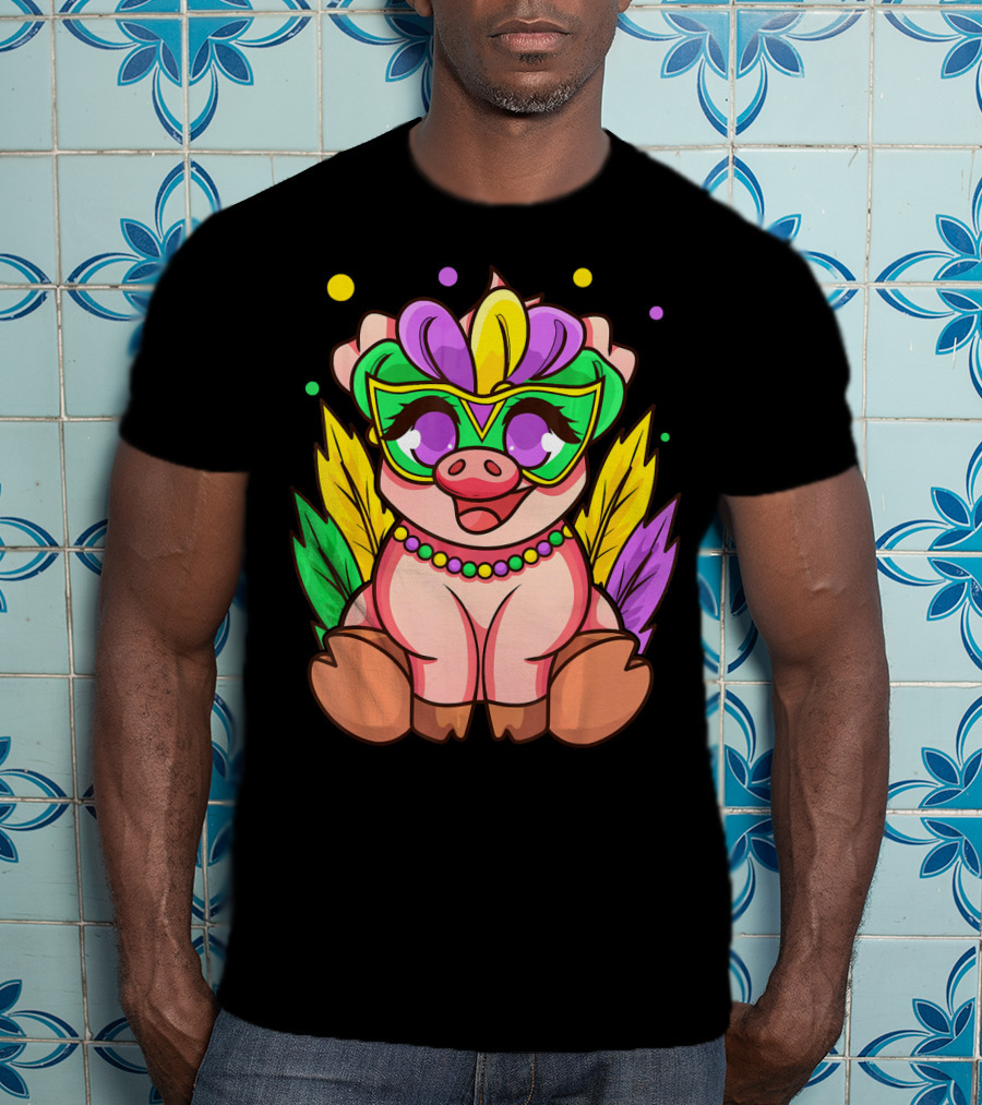 Cute Mardi Gras Pig With Colorful Mardi Gras Mask And Beads T-Shirt