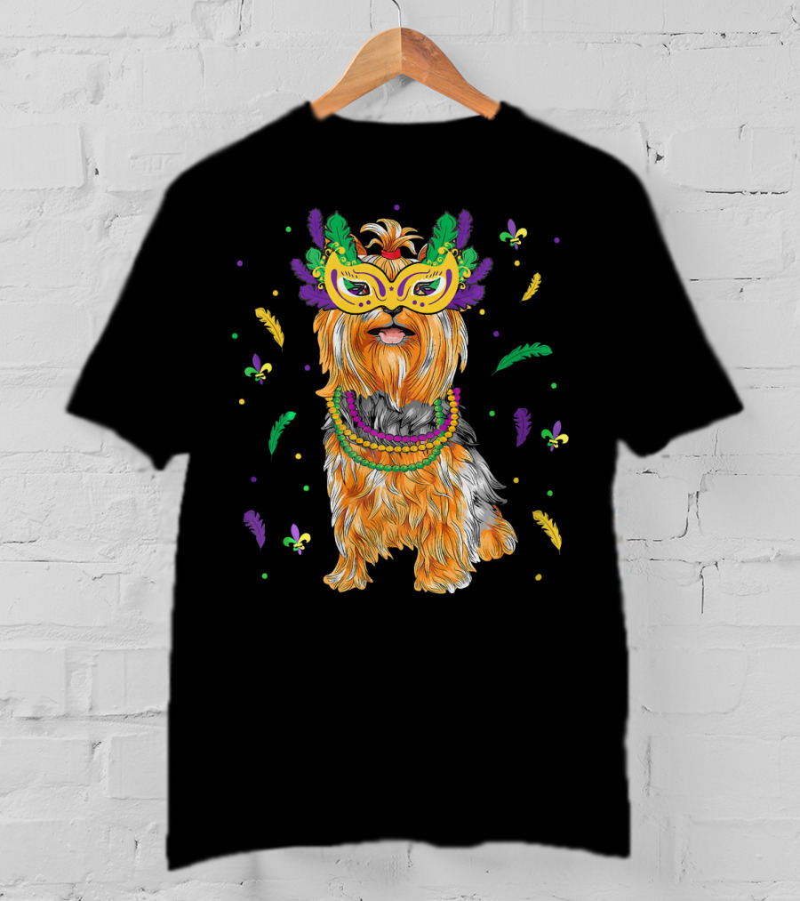 Beads Mask Yorkshire Terrier Mardi Gras Fleur De Lis Feathers T-Shirt