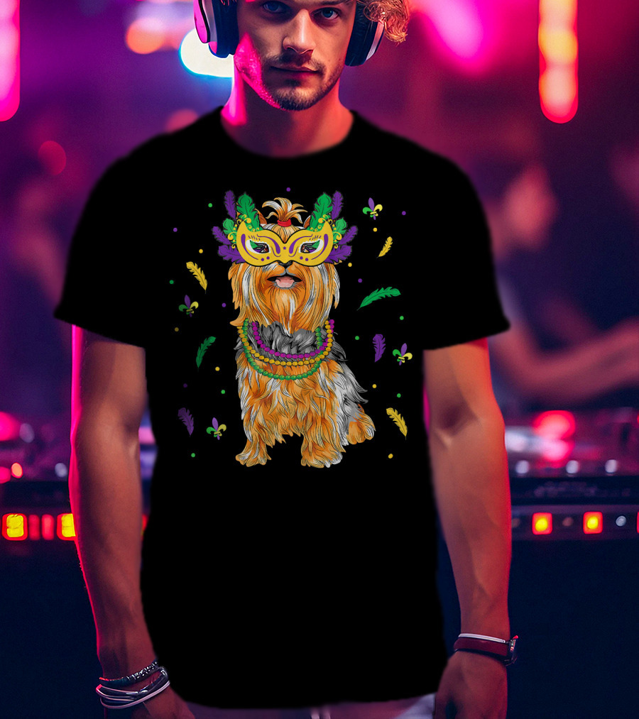 Beads Mask Yorkshire Terrier Mardi Gras Fleur De Lis Feathers T-Shirt