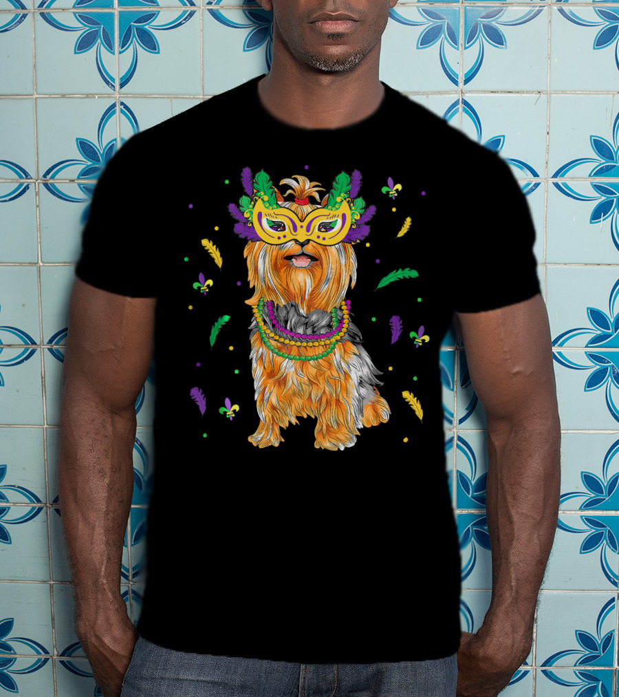 Beads Mask Yorkshire Terrier Mardi Gras Fleur De Lis Feathers T-Shirt