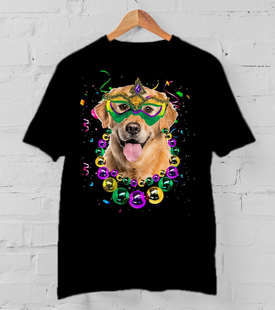 Golden Retriever With Mardi Gras Mask And Beads T-Shirt