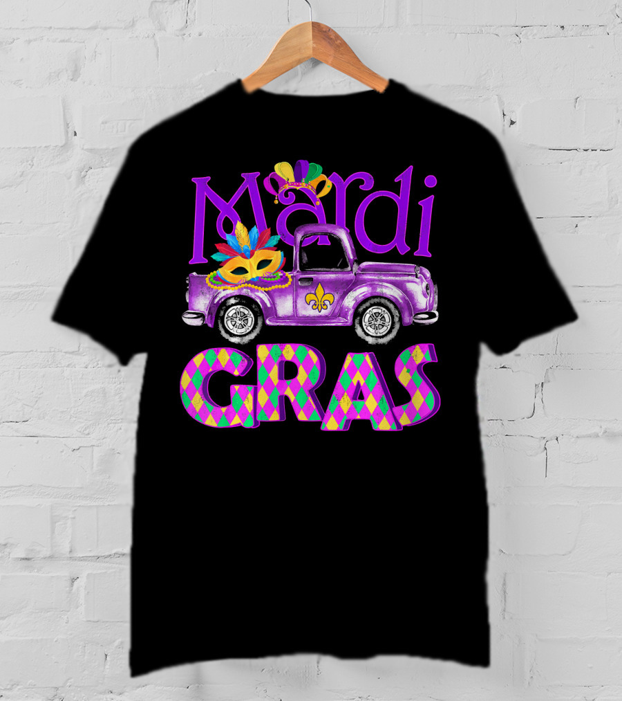 Mardi Gras Truck Mask With Colorful Feathered Costume T-Shirt