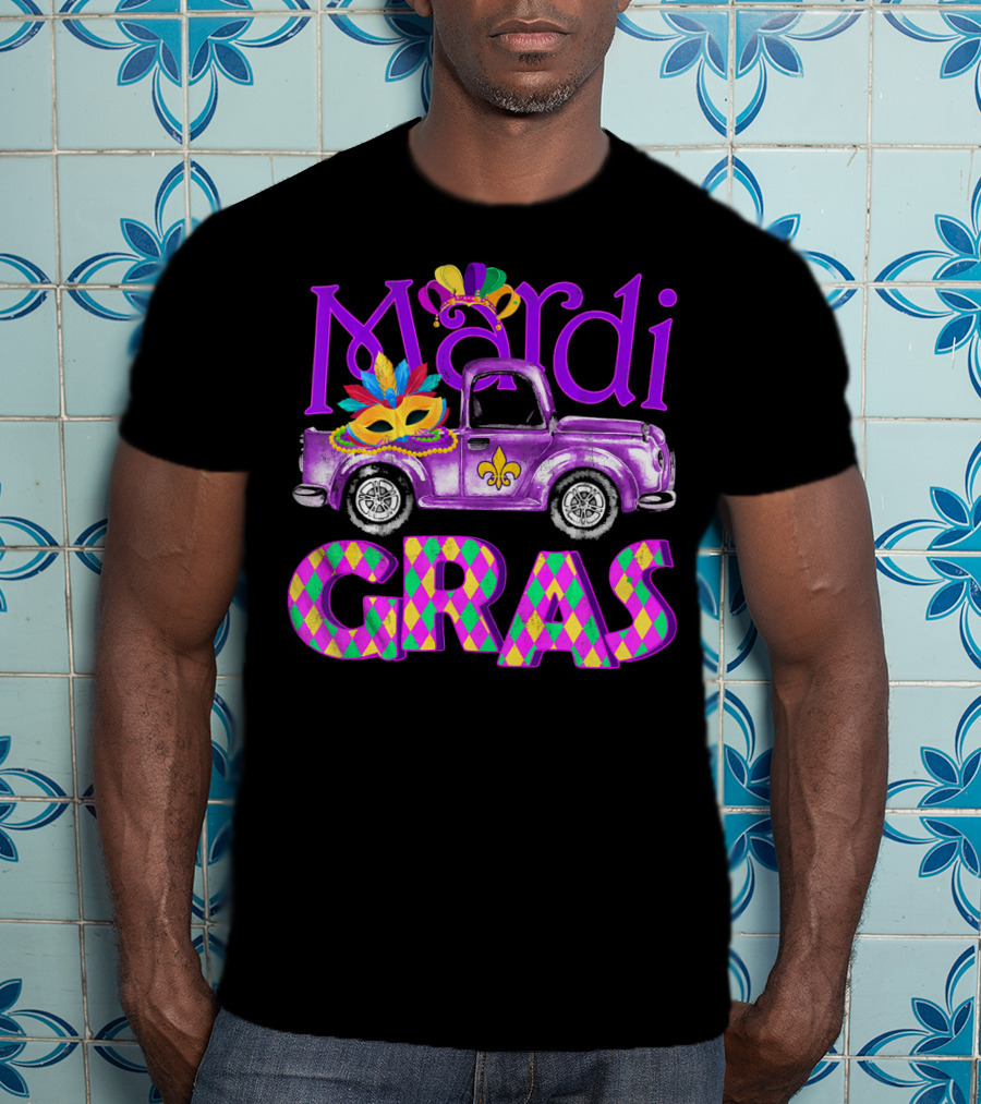 Mardi Gras Truck Mask With Colorful Feathered Costume T-Shirt