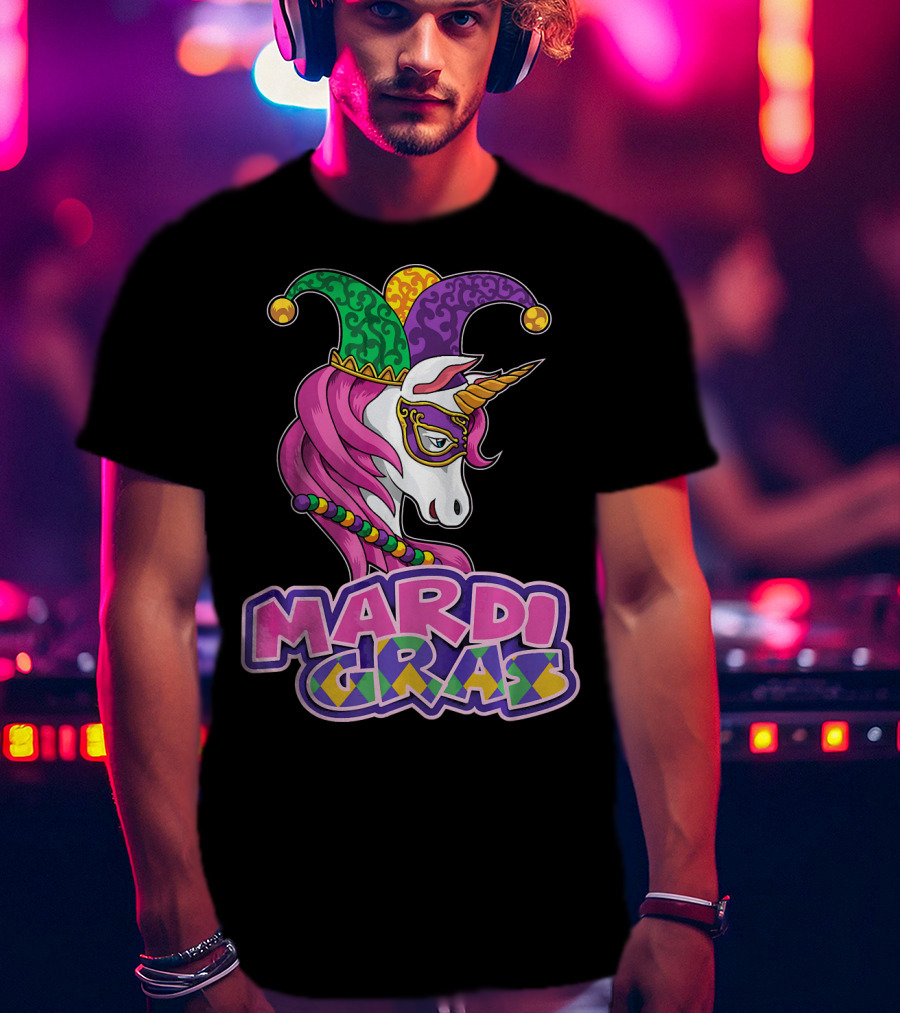 Mardi Gras Unicorn Jester Mask Carnival Lover T-Shirt