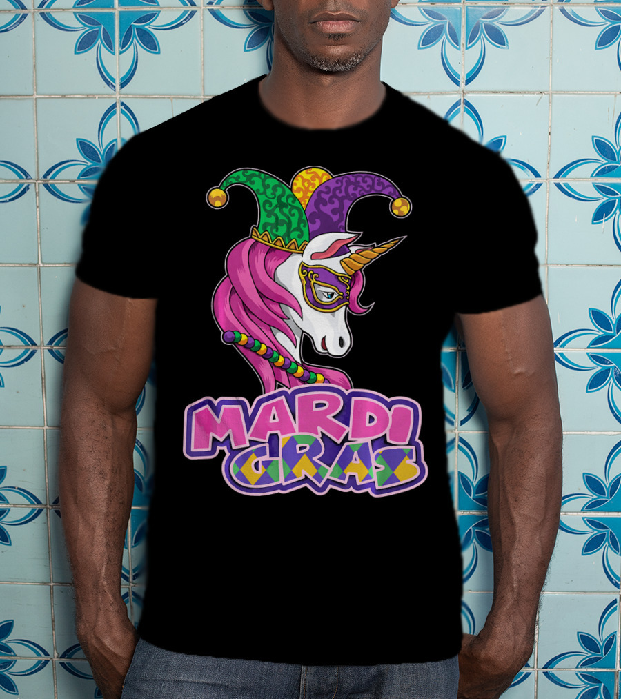 Mardi Gras Unicorn Jester Mask Carnival Lover T-Shirt