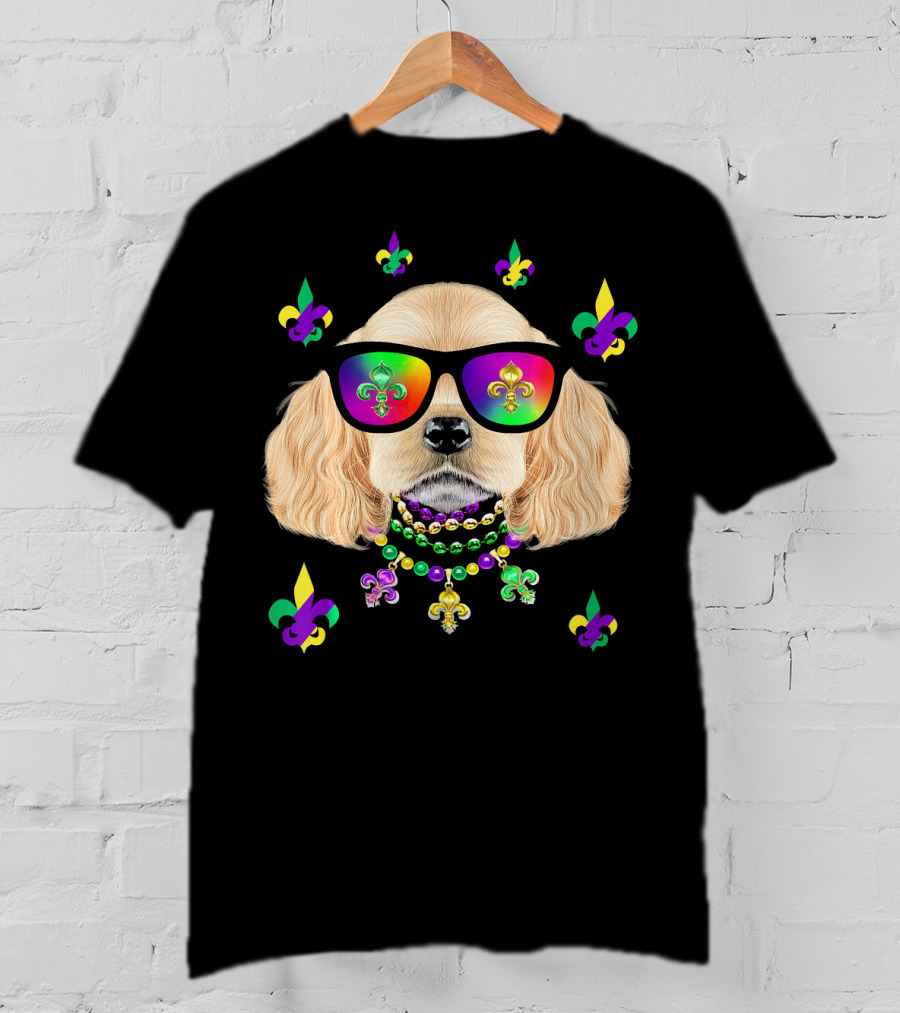 Dog Wearing Mardi Gras Beads And Sunglasses With Fleur-de-Lis T-Shirt