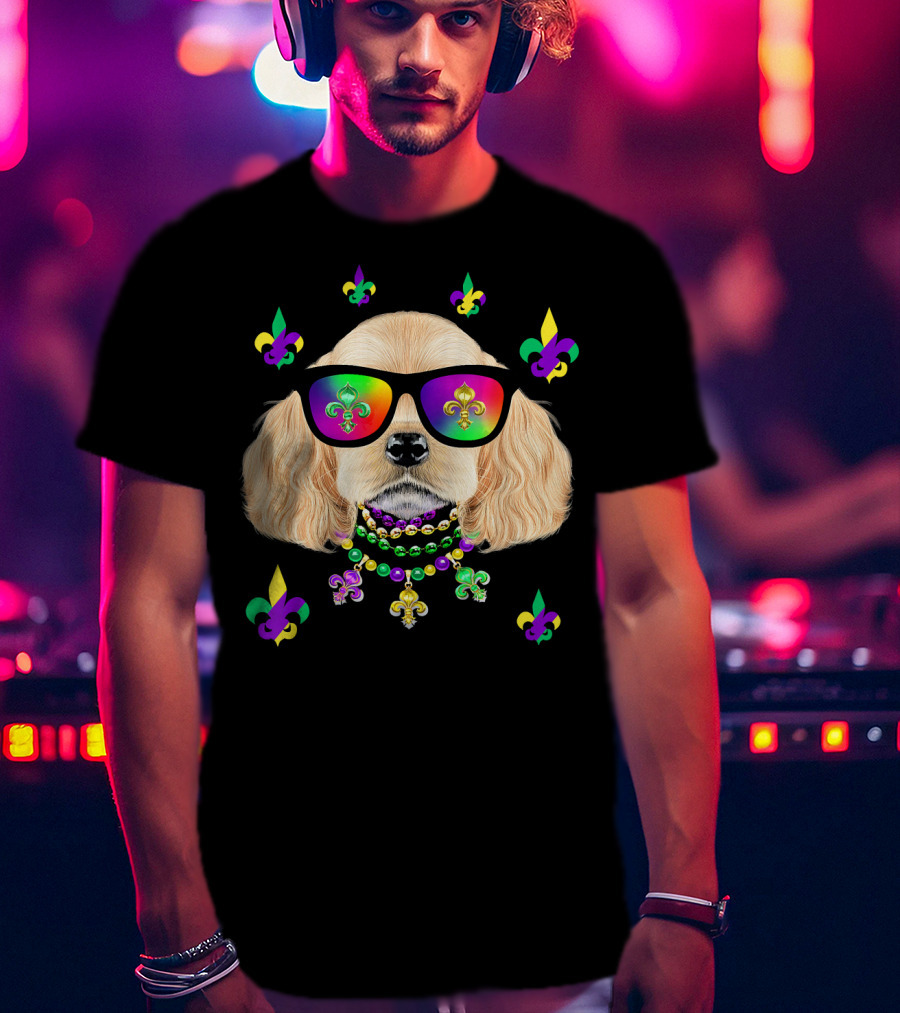 Dog Wearing Mardi Gras Beads And Sunglasses With Fleur-de-Lis T-Shirt