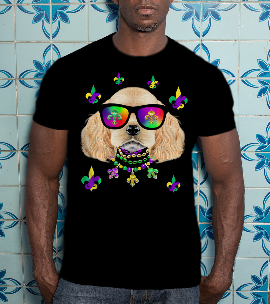 Dog Wearing Mardi Gras Beads And Sunglasses With Fleur-de-Lis T-Shirt