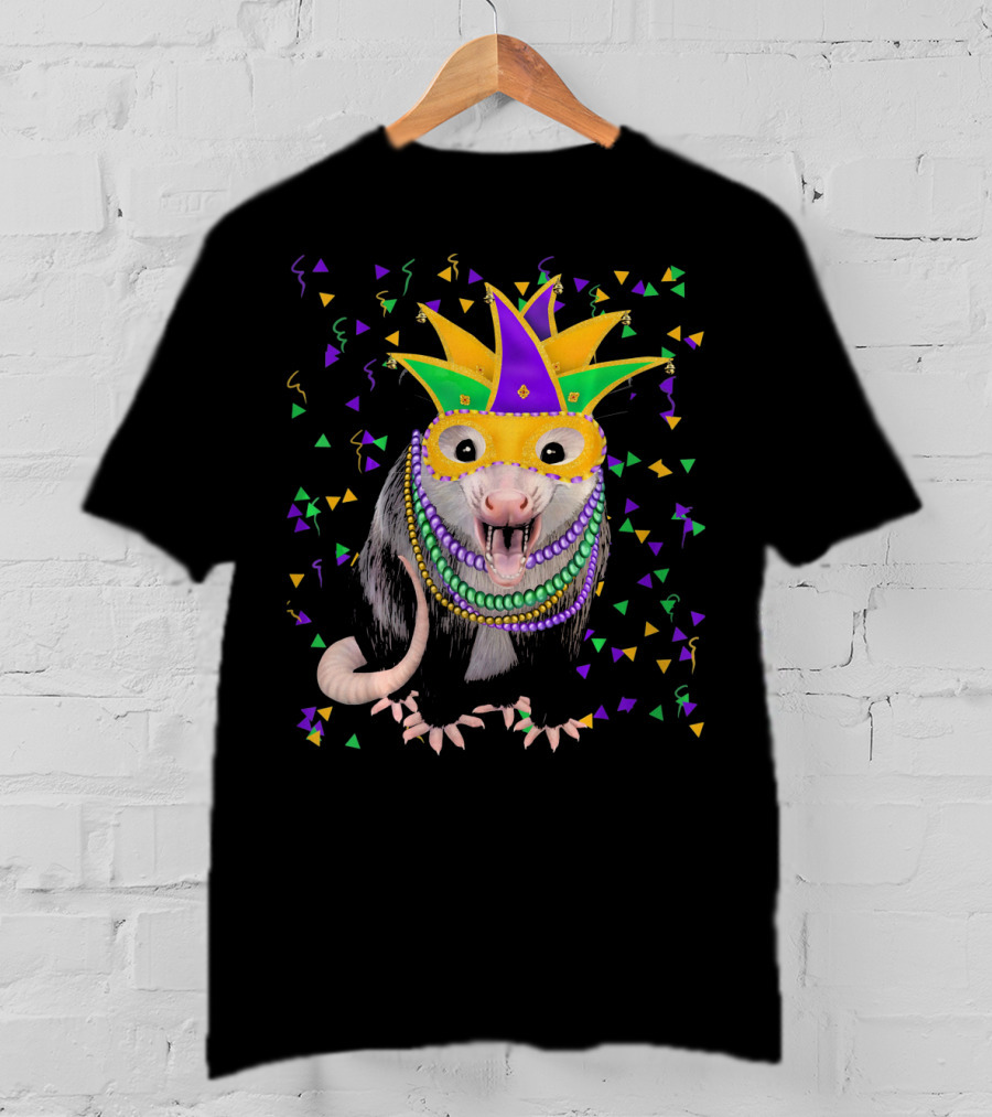 Mardi Gras Possum Wearing Colorful Mask And Beads With Confetti T-Shirt