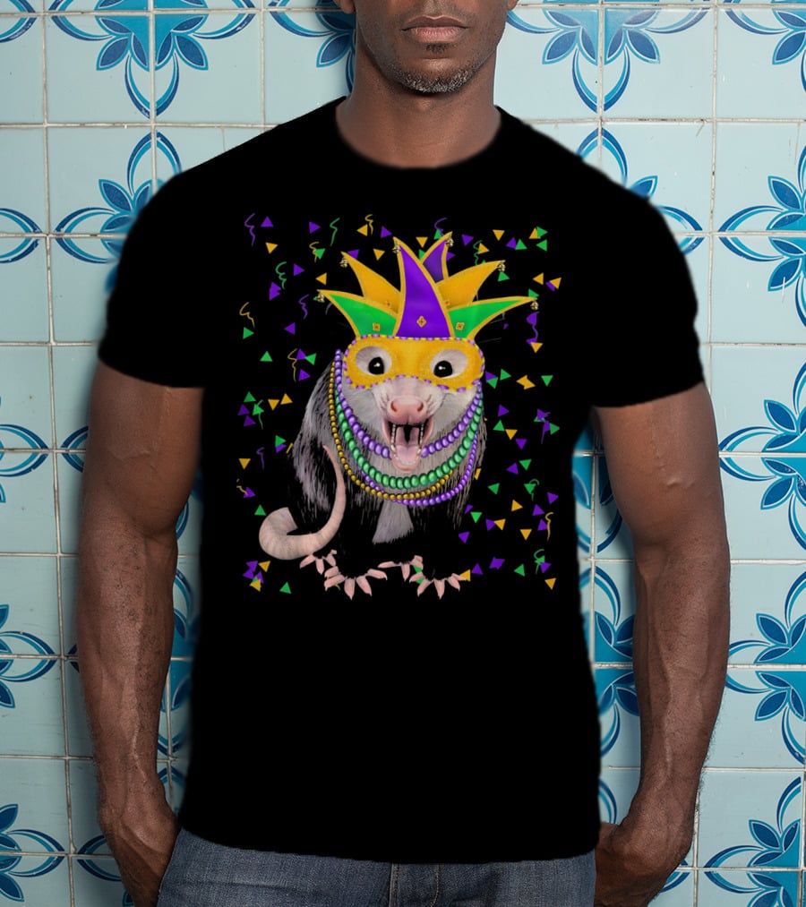 Mardi Gras Possum Wearing Colorful Mask And Beads With Confetti T-Shirt