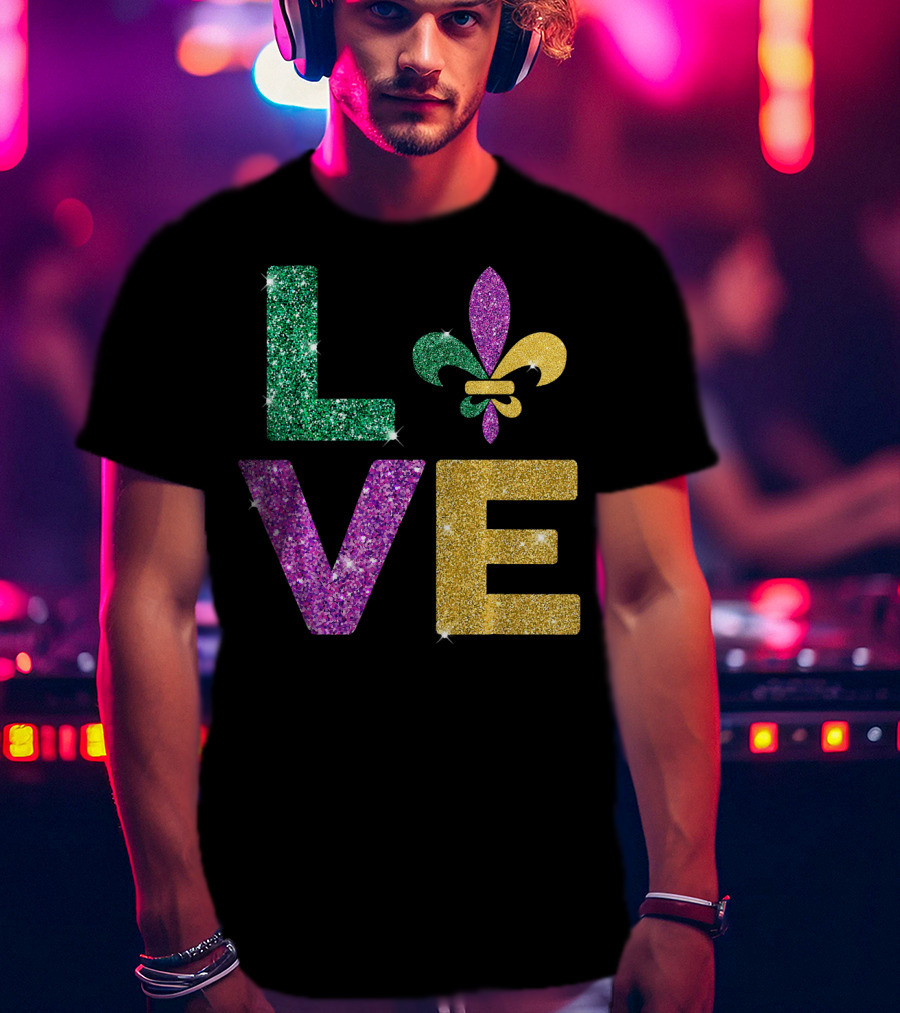 LOVE Mardi Gras Carnival Fleur-de-Lis Glitter T-Shirt