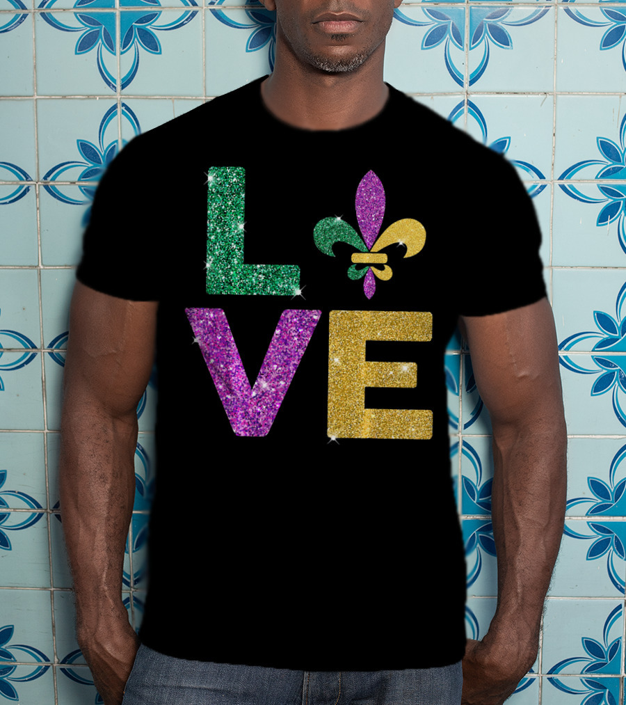 LOVE Mardi Gras Carnival Fleur-de-Lis Glitter T-Shirt