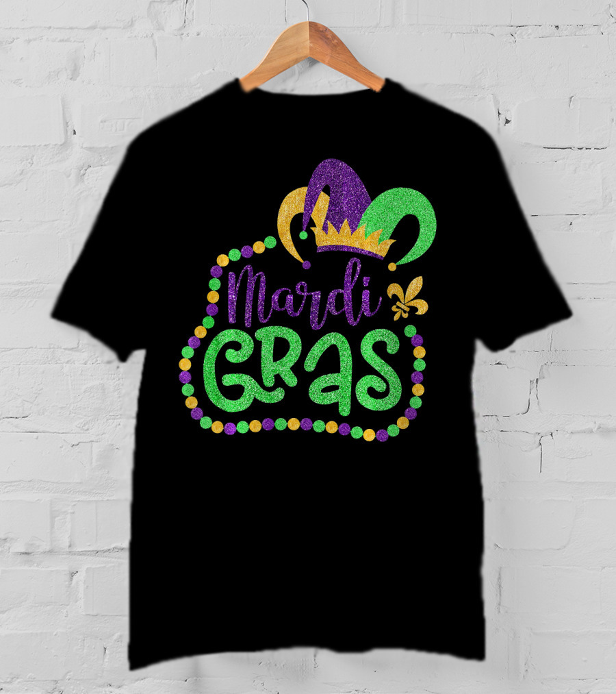 Mardi Gras Glitter Jester Hat Fleur De Lis T-Shirt