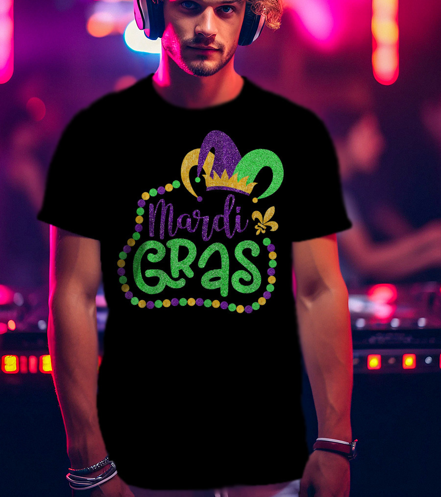 Mardi Gras Glitter Jester Hat Fleur De Lis T-Shirt