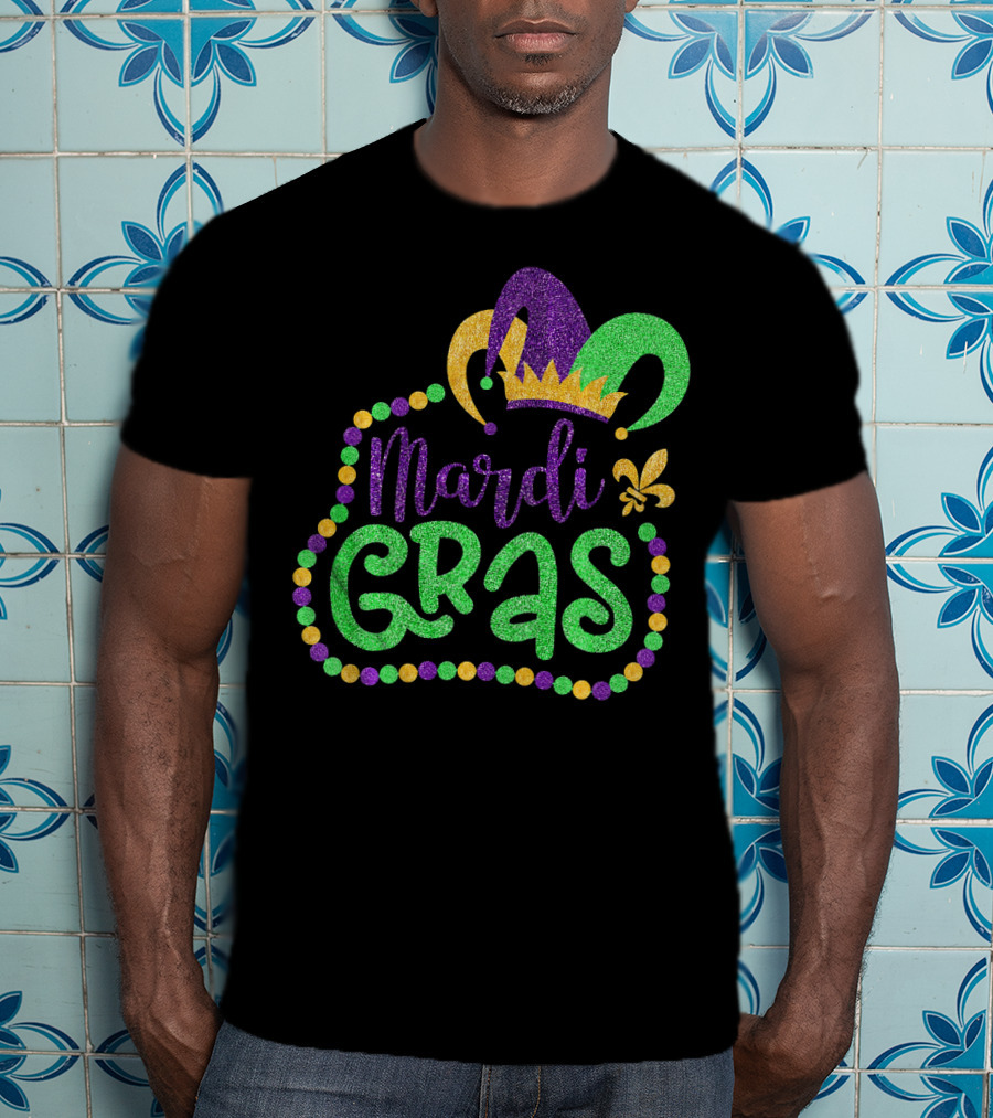Mardi Gras Glitter Jester Hat Fleur De Lis T-Shirt