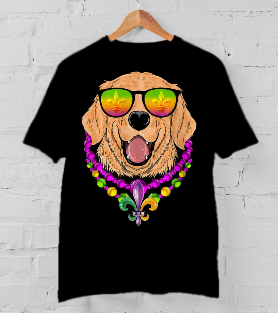 Golden Retriever With Fleur-de-Lis Beads And Sunglasses Mardi Gras T-Shirt