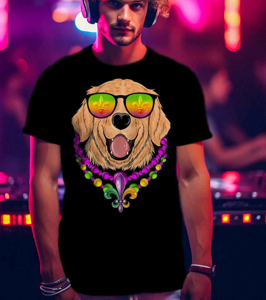 Golden Retriever With Fleur-de-Lis Beads And Sunglasses Mardi Gras T-Shirt