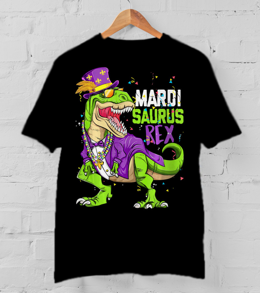 Mardi Saurus Rex Dinosaur Mardi Gras Confetti Fleur-de-lis Beads Hat T-Shirt