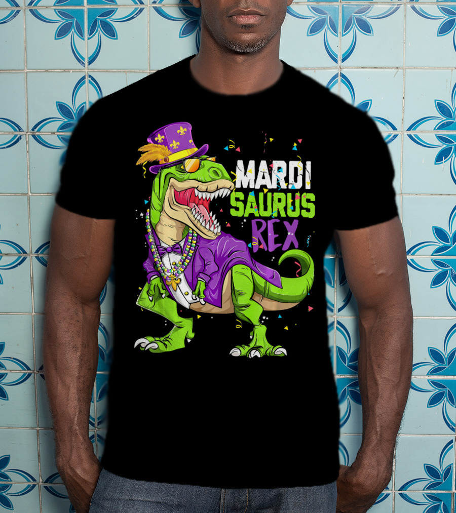 Mardi Saurus Rex Dinosaur Mardi Gras Confetti Fleur-de-lis Beads Hat T-Shirt