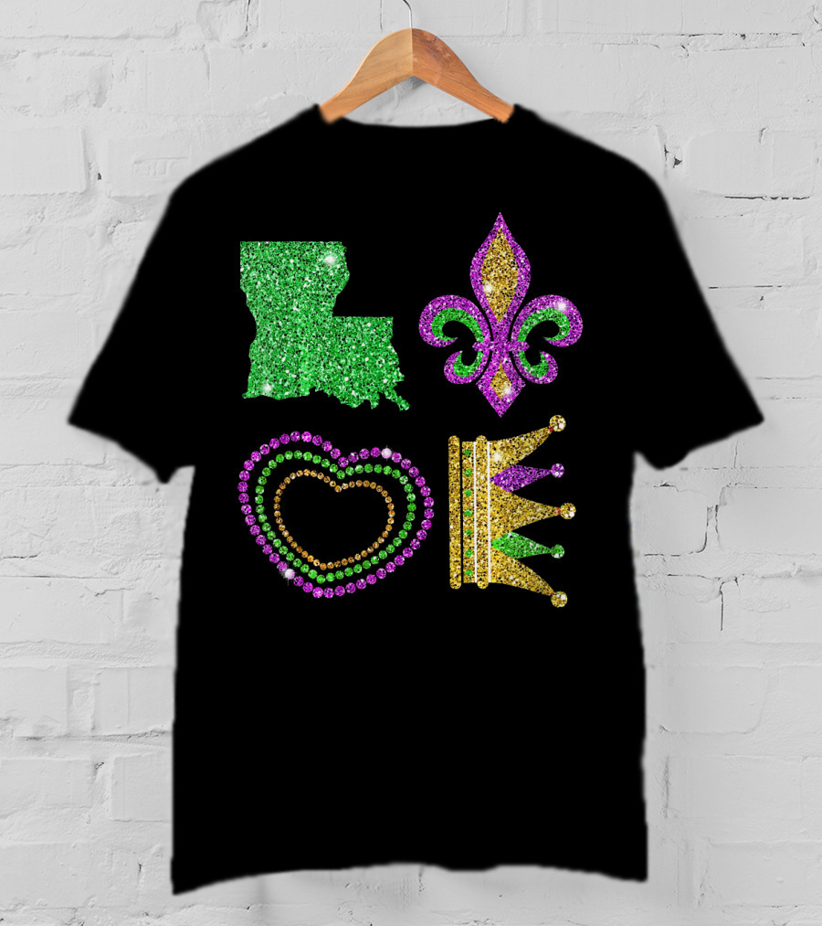 Love Mardi Gras Funny New Orleans Mardi Louisiana Glitter Fleur-de-Lis Heart Crown T-Shirt