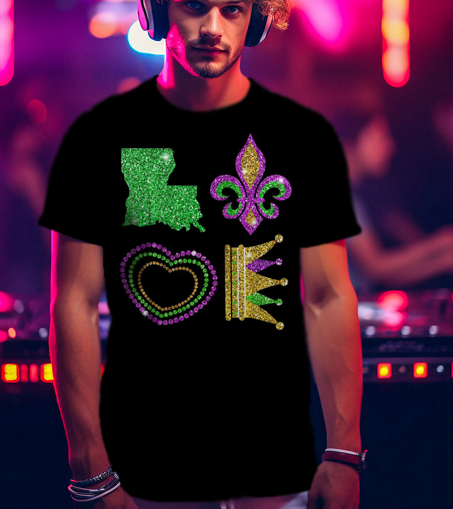 Love Mardi Gras Funny New Orleans Mardi Louisiana Glitter Fleur-de-Lis Heart Crown T-Shirt