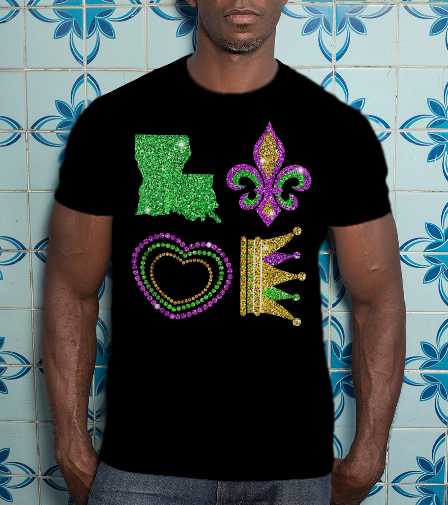 Love Mardi Gras Funny New Orleans Mardi Louisiana Glitter Fleur-de-Lis Heart Crown T-Shirt
