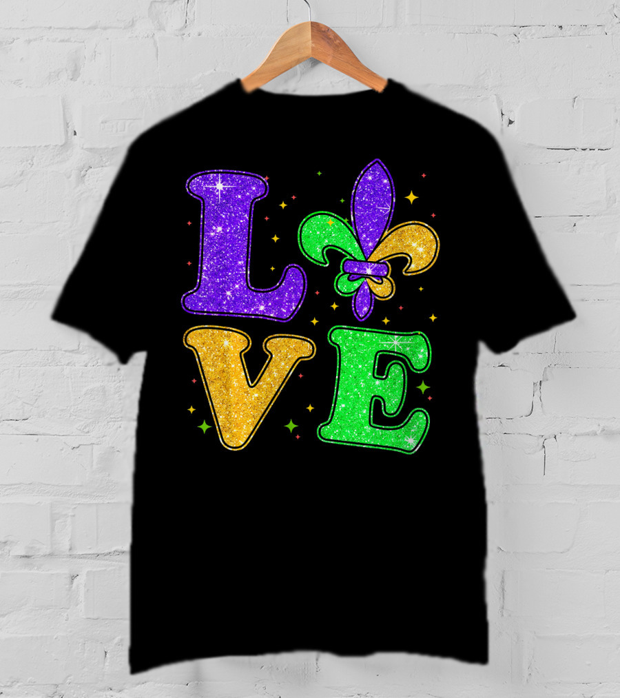 Love Mardi Gras Fleur De Lis Glitter T-Shirt