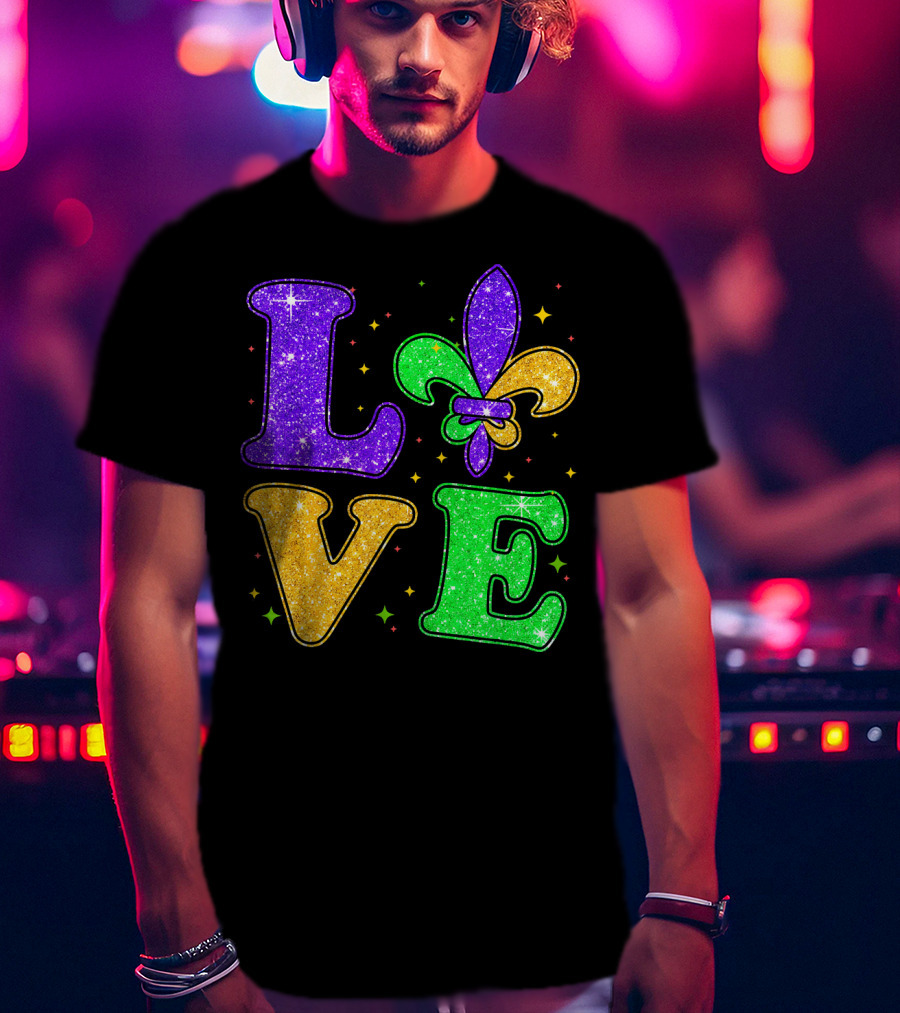 Love Mardi Gras Fleur De Lis Glitter T-Shirt