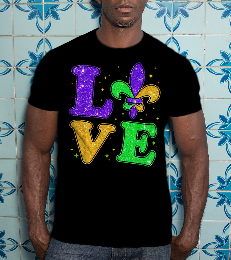 Love Mardi Gras Fleur De Lis Glitter T-Shirt