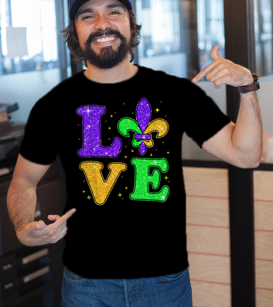 Love Mardi Gras Fleur De Lis Glitter T-Shirt